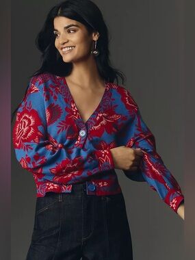 FARM Rio Lace Garden Knit Blue and Red Floral V-Neck Cardigan Sweater